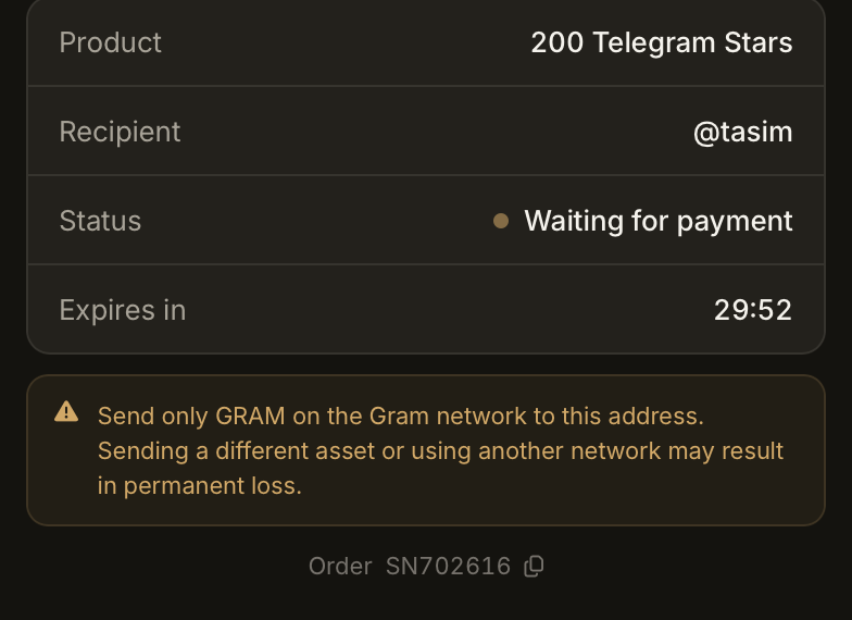 StarNinja order summary showing 200 Telegram Stars going to a username, waiting for payment, with a 30 minute expiry
